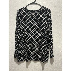Chico's Blouse Size 3 XL Black White Long Sleeve Geometric Womens Lagenlook